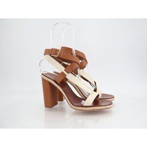Tory Burch Marbella Sandal Women 10 Brown Beige Heel Strappy Leather Ankle Strap